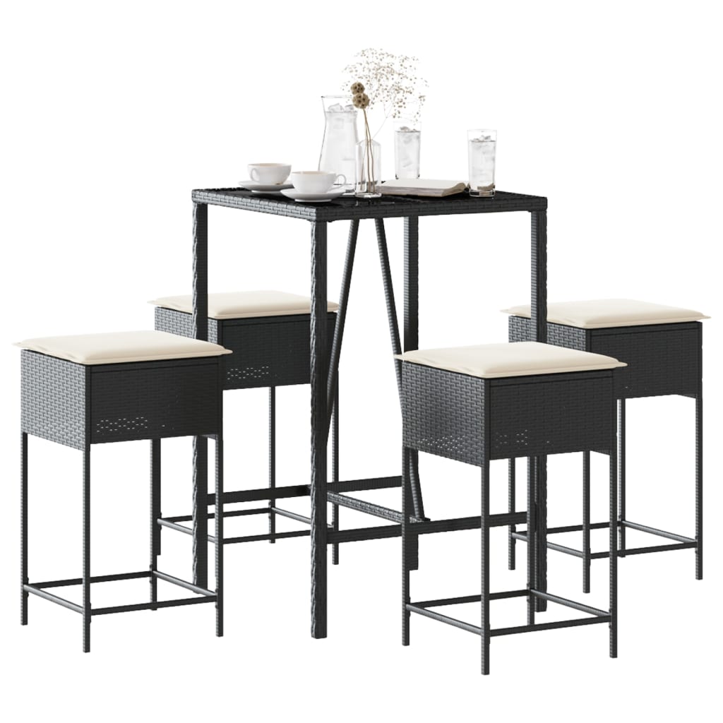 Ensemble de bar de jardin 5 pcs avec coussins noir poly rotin