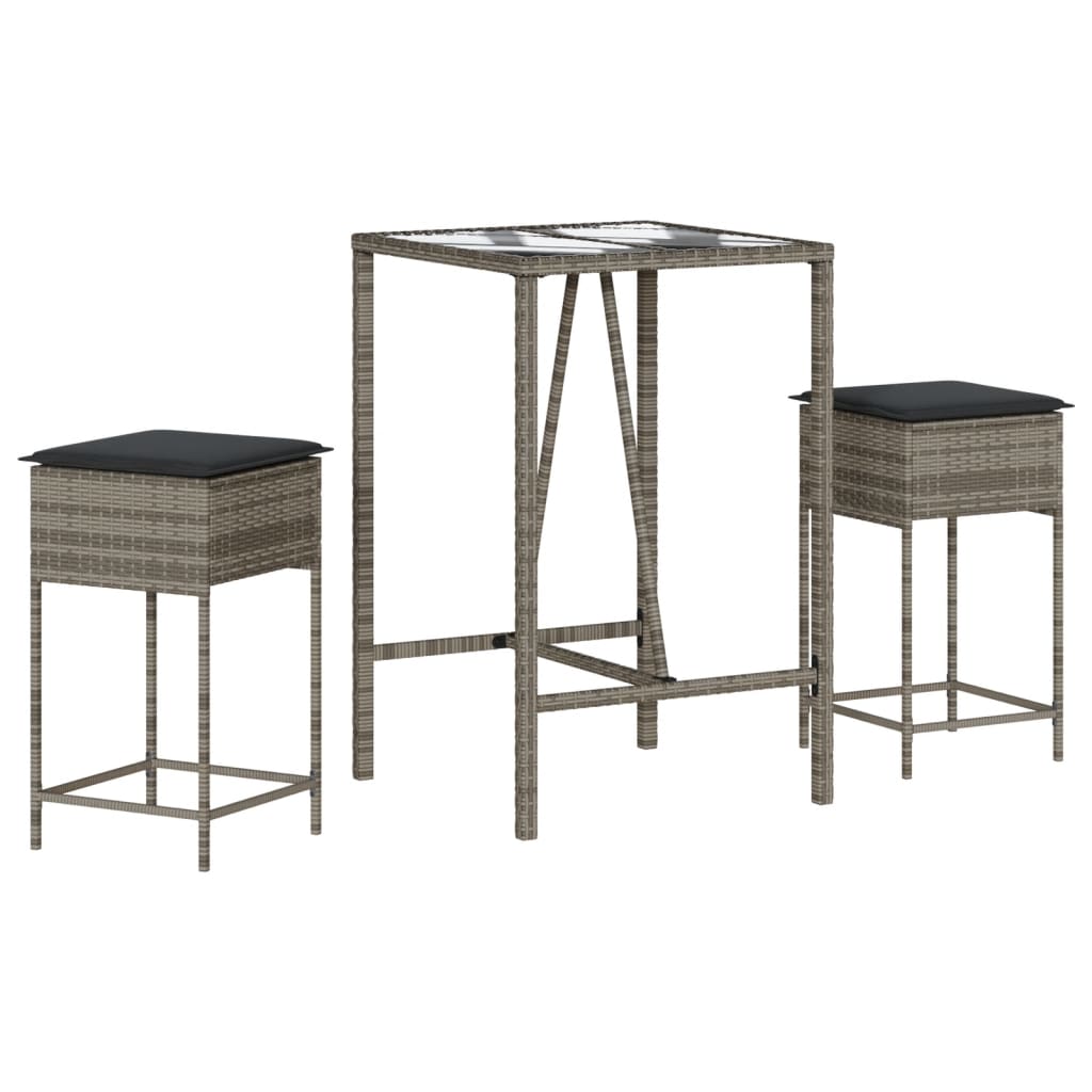Ensemble de bar de jardin 3 pcs et coussins gris résine tressée