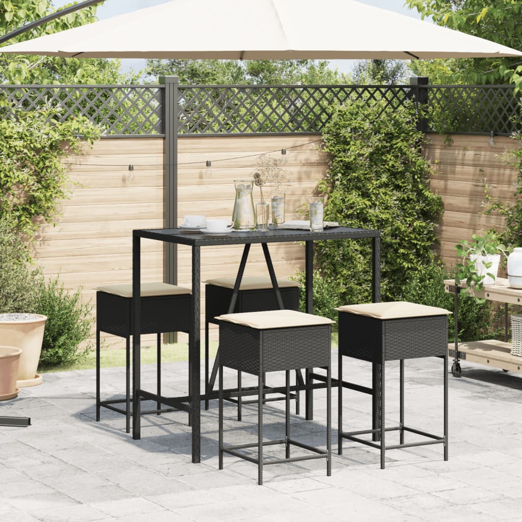 Ensemble de bar de jardin 5 pcs avec coussins noir poly rotin