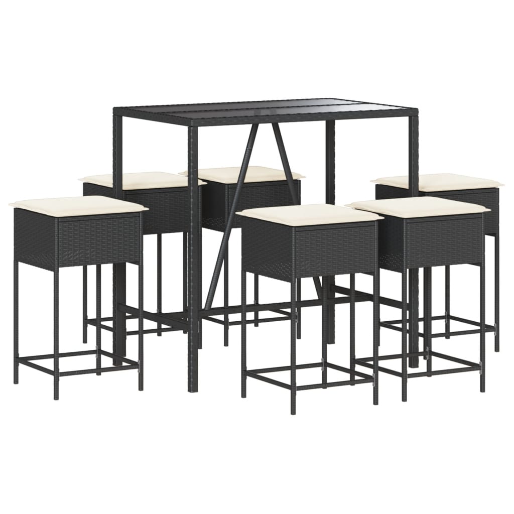 Ensemble de bar de jardin 7 pcs avec coussins noir poly rotin