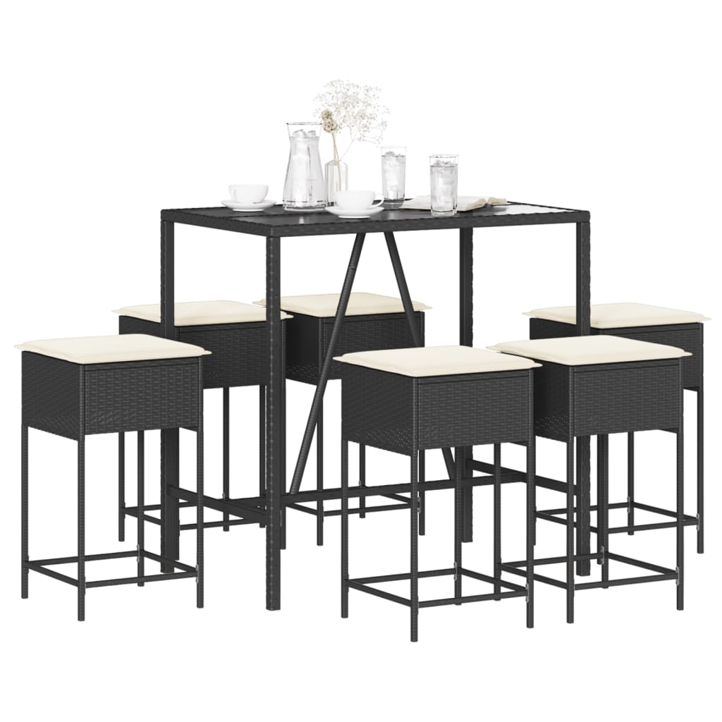 Ensemble de bar de jardin 7 pcs avec coussins noir poly rotin