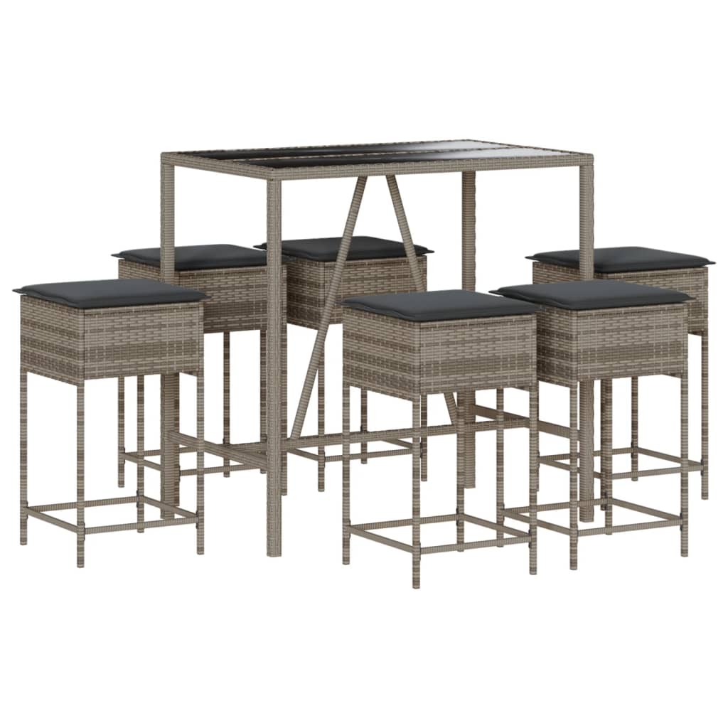 Ensemble de bar de jardin 7 pcs avec coussins gris poly rotin