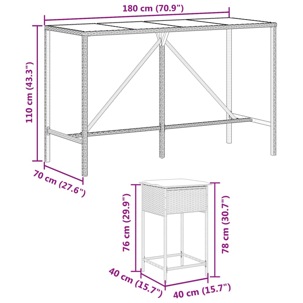 Ensemble de bar de jardin avec coussins 7 pcs marron poly rotin