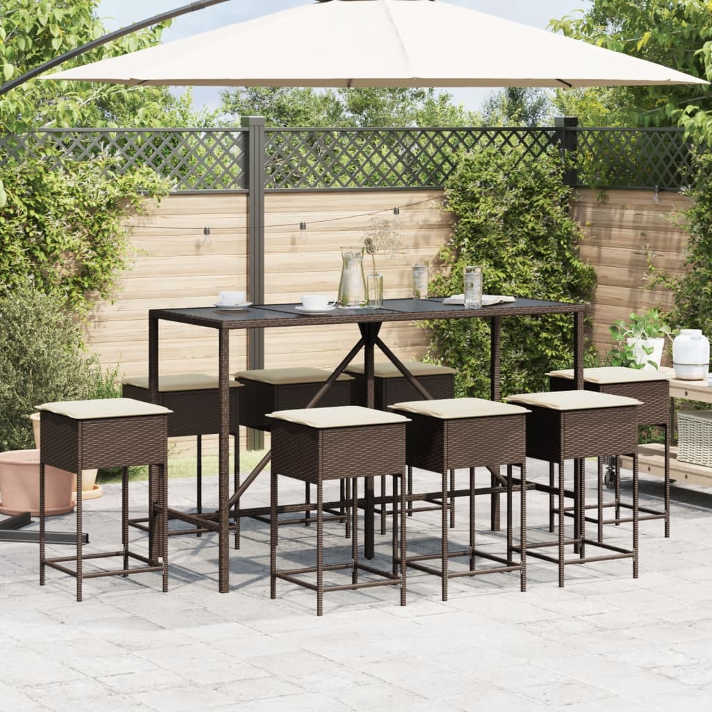 Ensemble de bar de jardin 9 pcs avec coussins marron poly rotin