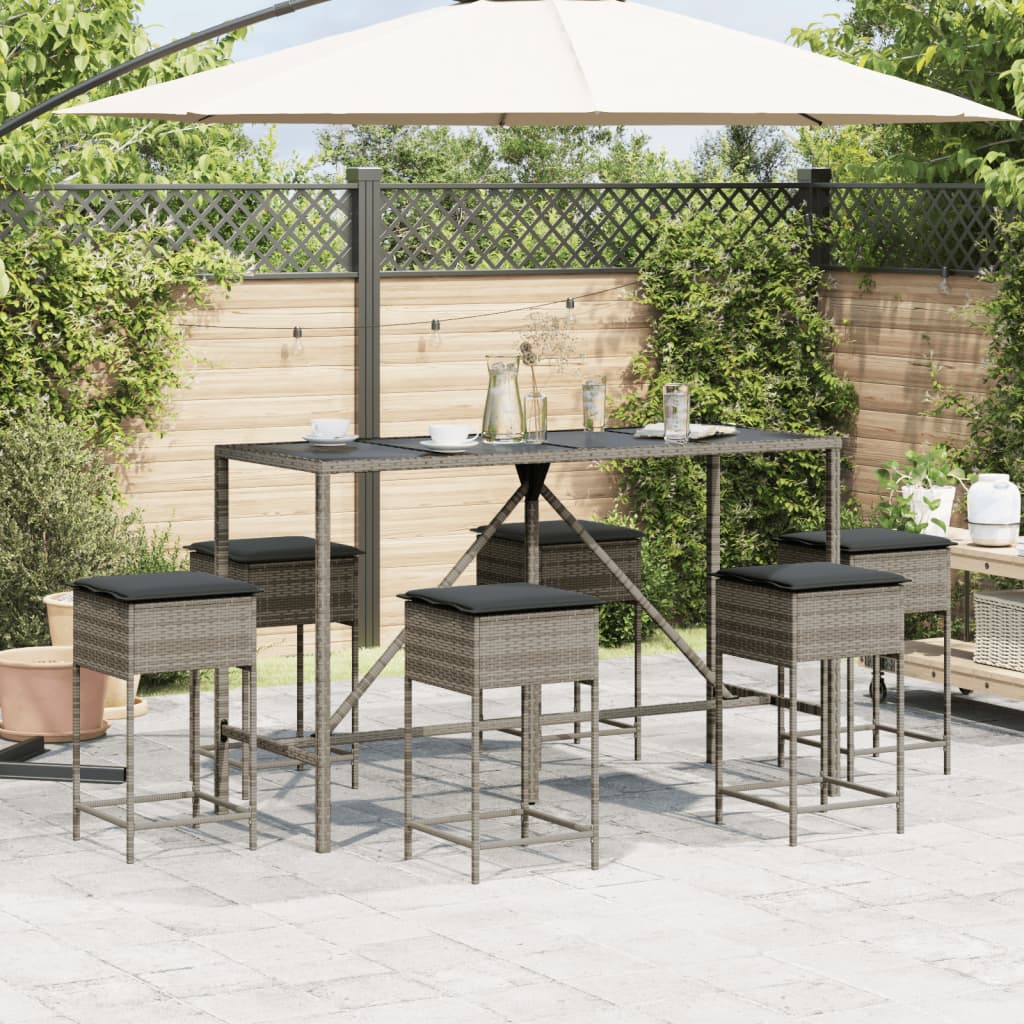 Ensemble de bar de jardin 7 pcs avec coussins gris poly rotin