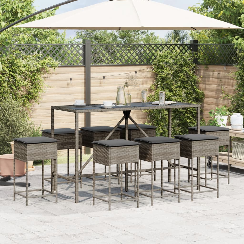 Ensemble de bar de jardin 9 pcs avec coussins gris poly rotin