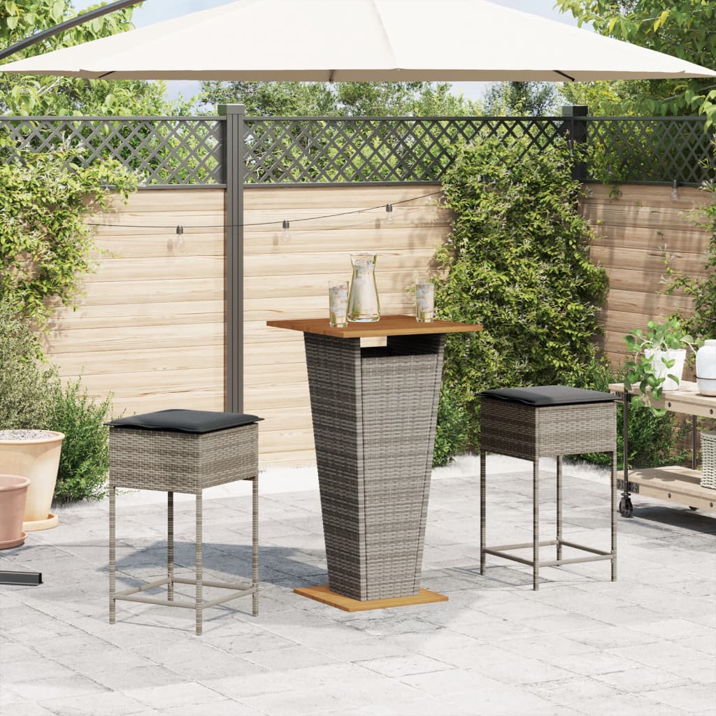 Ensemble de bar de jardin 3 pcs et coussins gris résine tressée