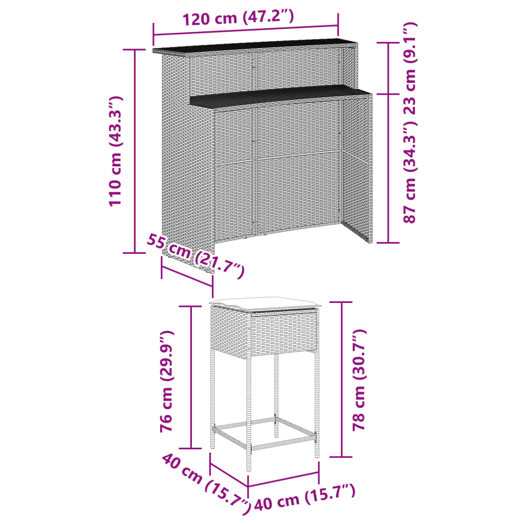 Ensemble de bar de jardin 3 pcs et coussins brun résine tressée
