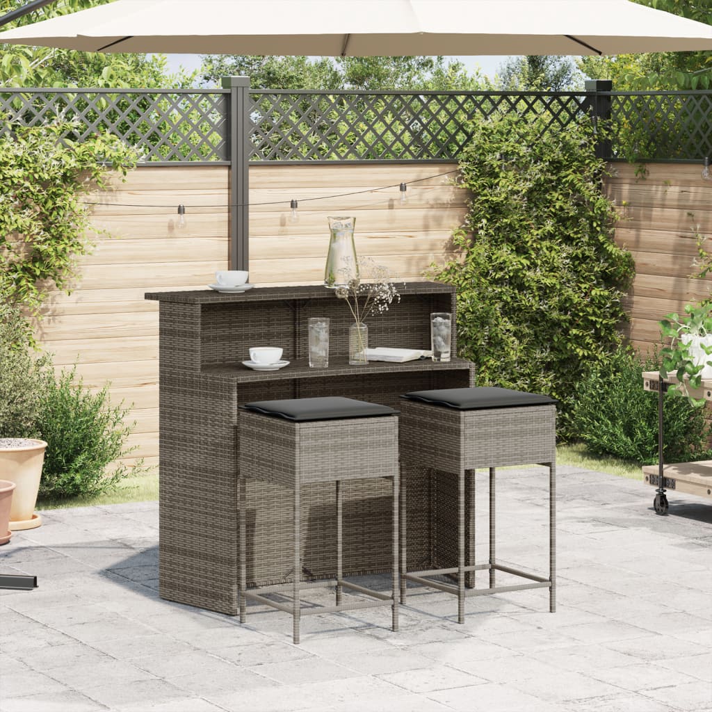 Ensemble de bar de jardin 3 pcs et coussins gris résine tressée