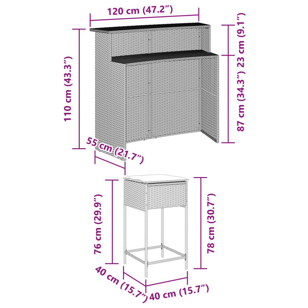 Ensemble de bar de jardin 5 pcs avec coussins gris poly rotin