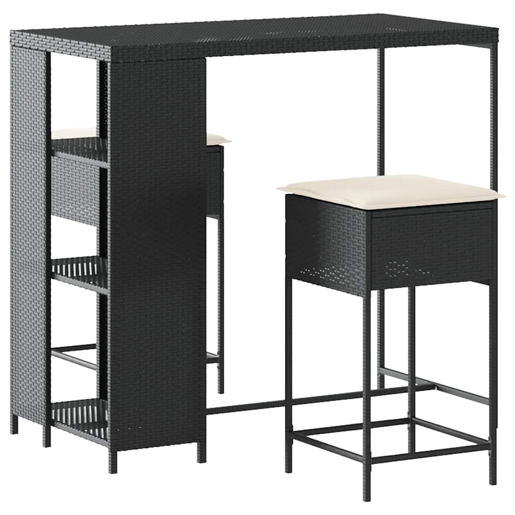 Ensemble de bar de jardin 3 pcs avec coussins noir poly rotin