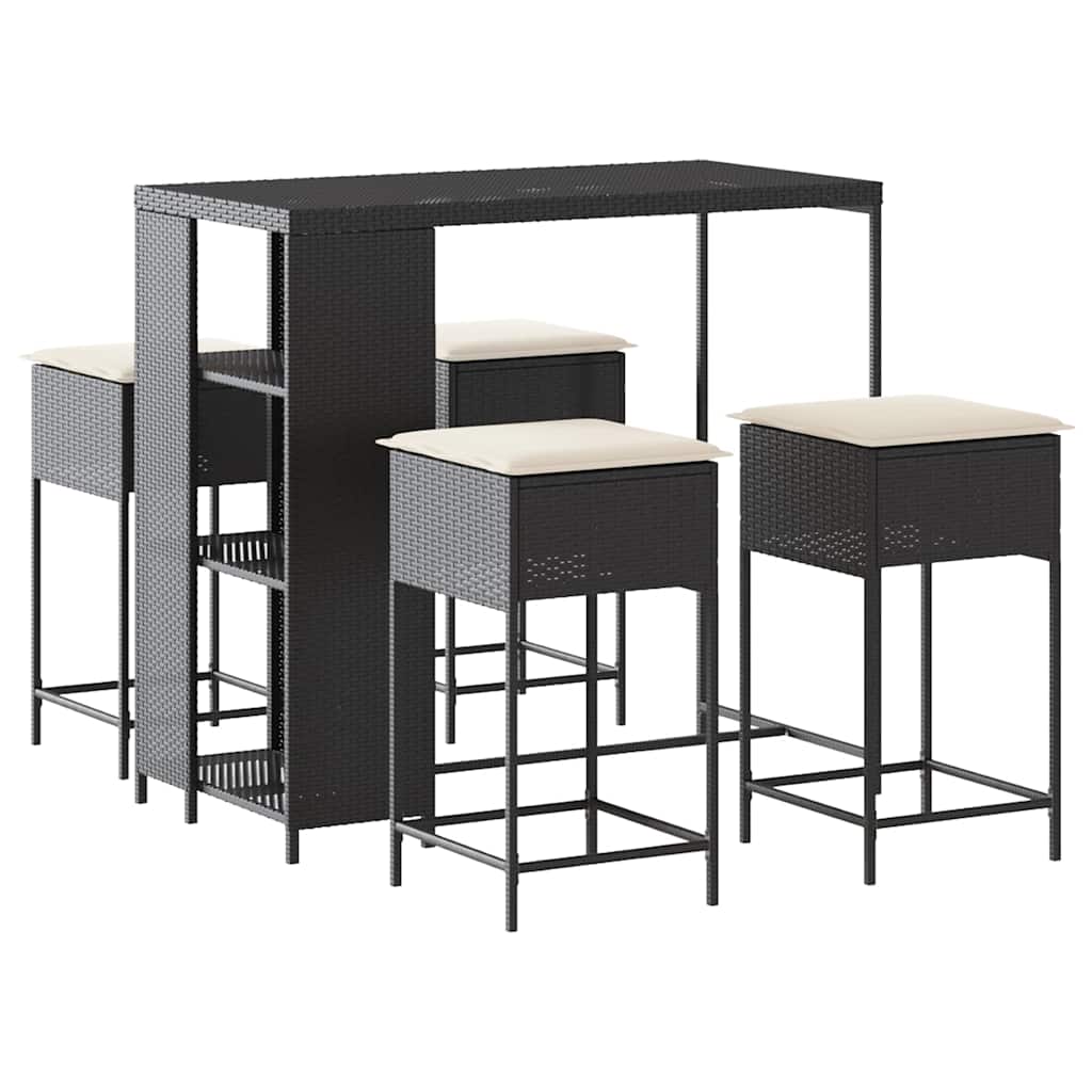Ensemble de bar de jardin 5 pcs avec coussins noir poly rotin
