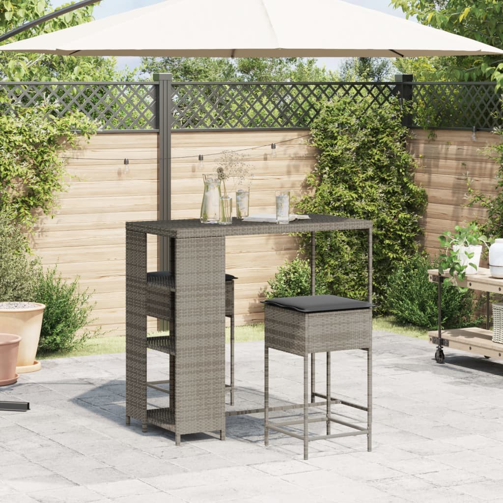 Ensemble de bar de jardin 3 pcs et coussins gris résine tressée