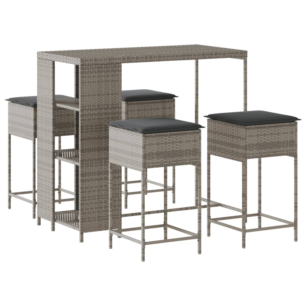 Ensemble de bar de jardin 5 pcs avec coussins gris poly rotin