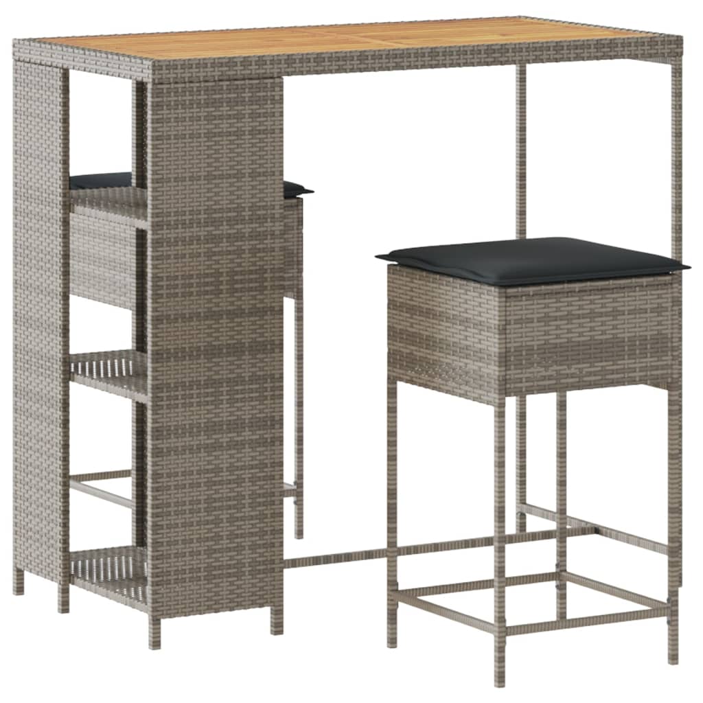 Ensemble de bar de jardin 3 pcs et coussins gris résine tressée