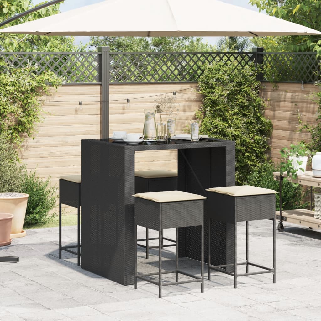 Ensemble de bar de jardin 5 pcs avec coussins noir poly rotin