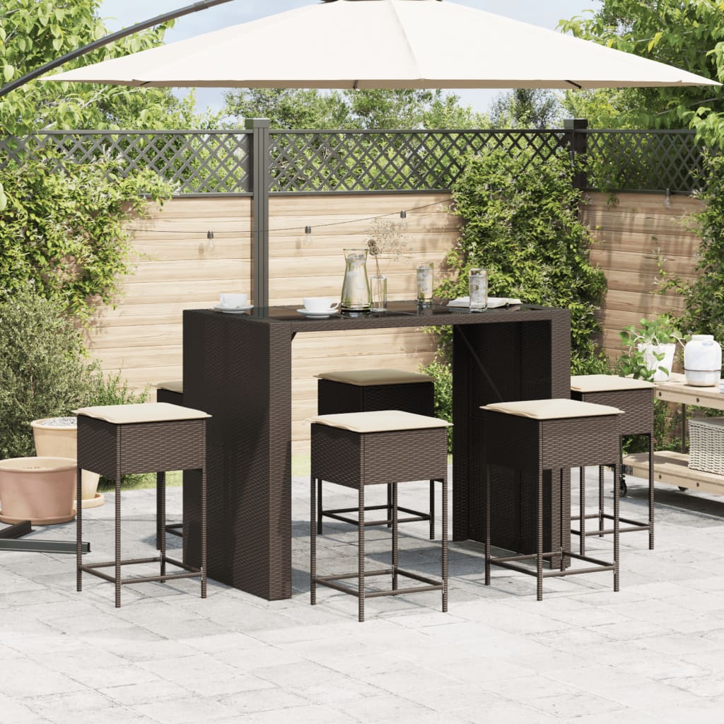 Ensemble de bar de jardin avec coussins 7 pcs marron poly rotin