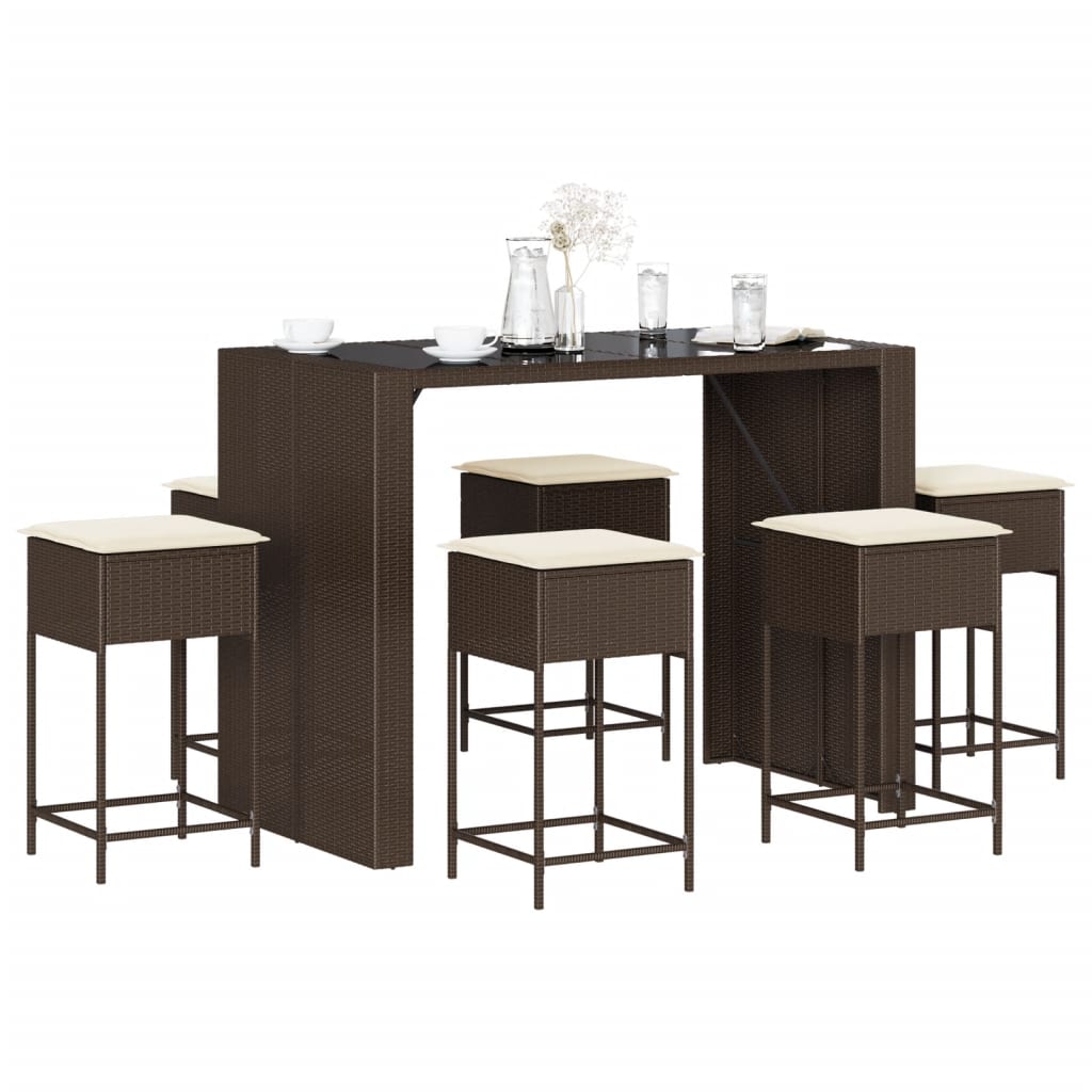 Ensemble de bar de jardin avec coussins 7 pcs marron poly rotin