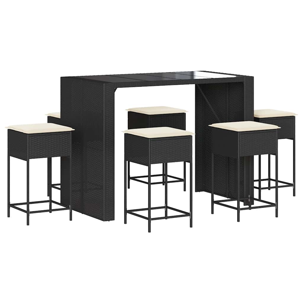 Ensemble de bar de jardin 7 pcs avec coussins noir poly rotin