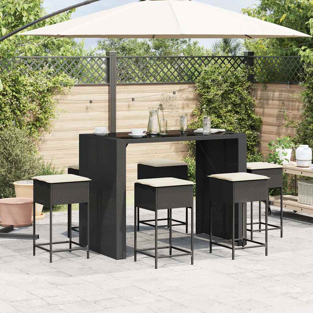 Ensemble de bar de jardin 7 pcs avec coussins noir poly rotin