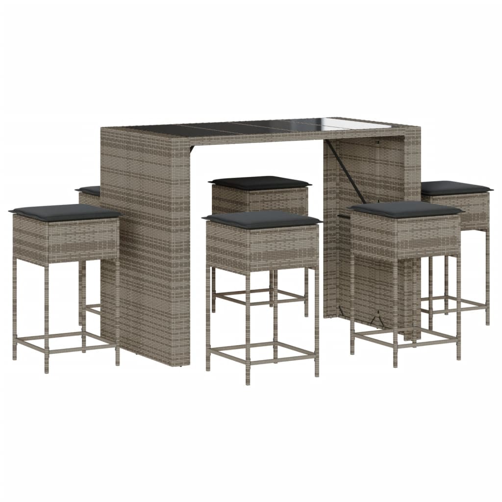 Ensemble de bar de jardin 7 pcs avec coussins gris poly rotin
