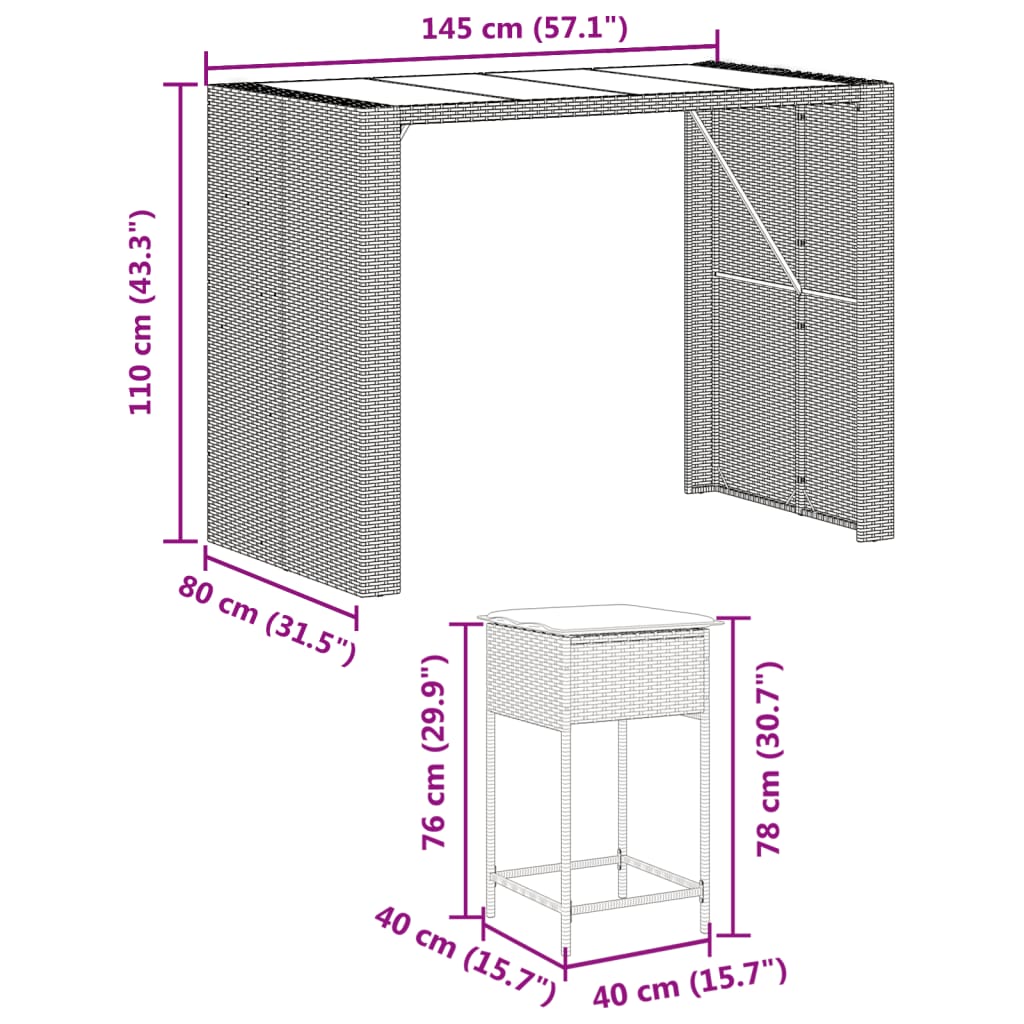 Ensemble de bar de jardin 7 pcs avec coussins gris poly rotin