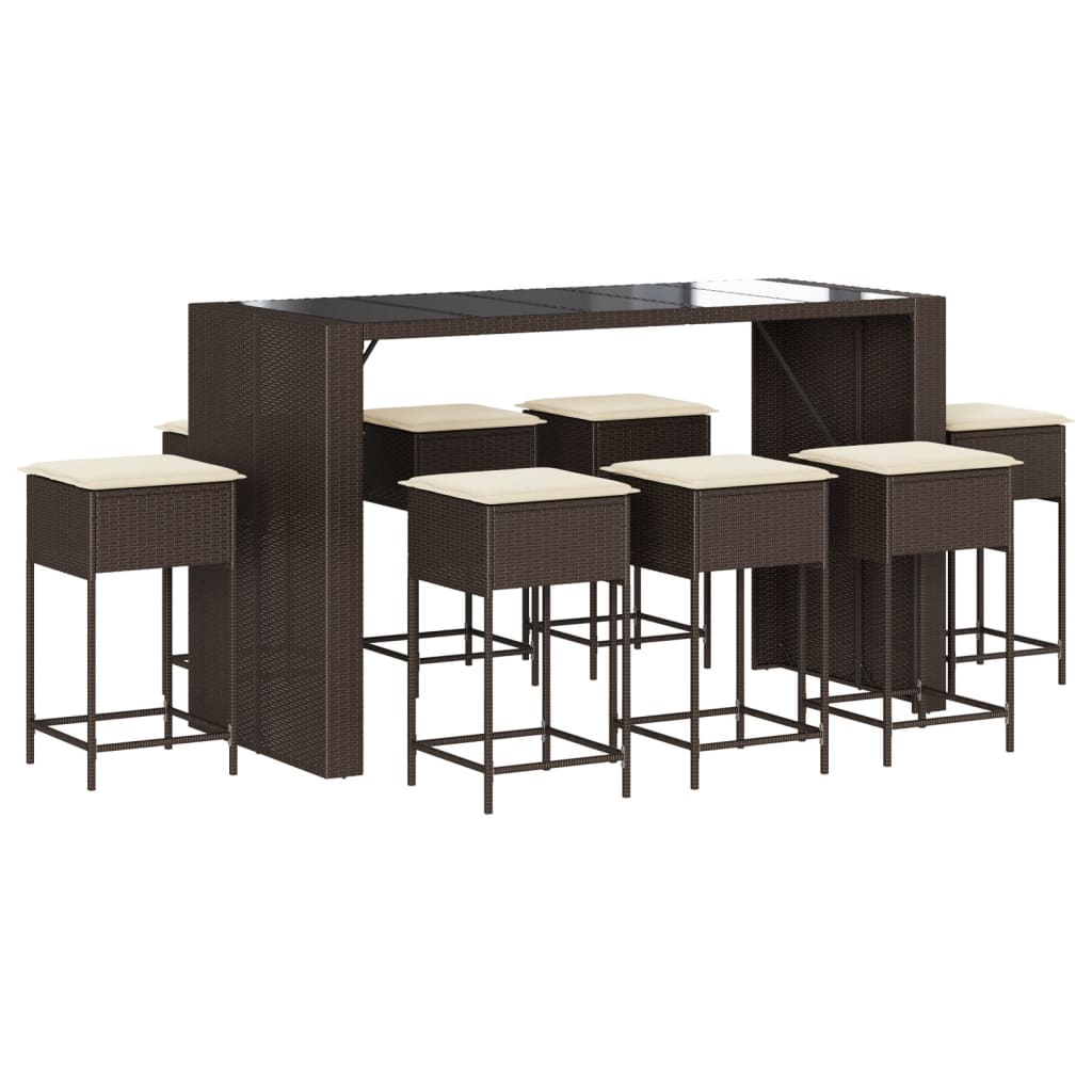 Ensemble de bar de jardin 9 pcs avec coussins marron poly rotin