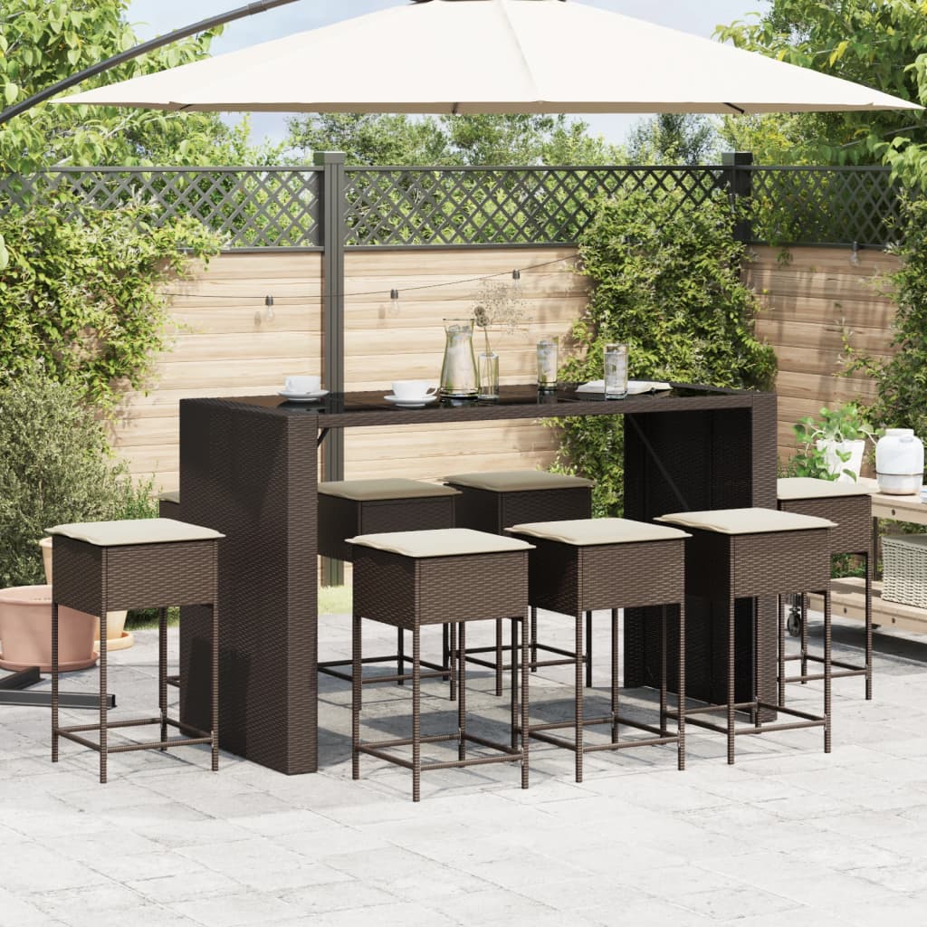 Ensemble de bar de jardin 9 pcs avec coussins marron poly rotin