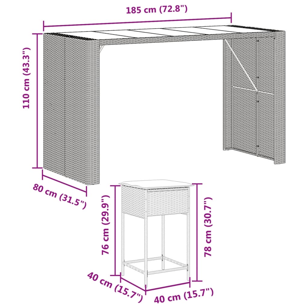 Ensemble de bar de jardin 9 pcs avec coussins marron poly rotin