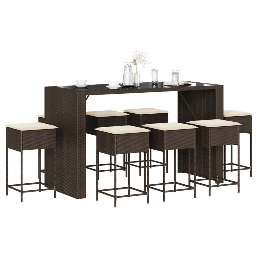 Ensemble de bar de jardin 9 pcs avec coussins marron poly rotin