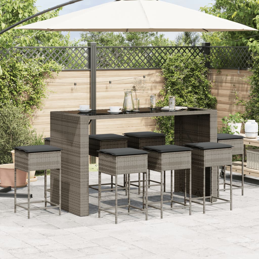Ensemble de bar de jardin 9 pcs avec coussins gris poly rotin