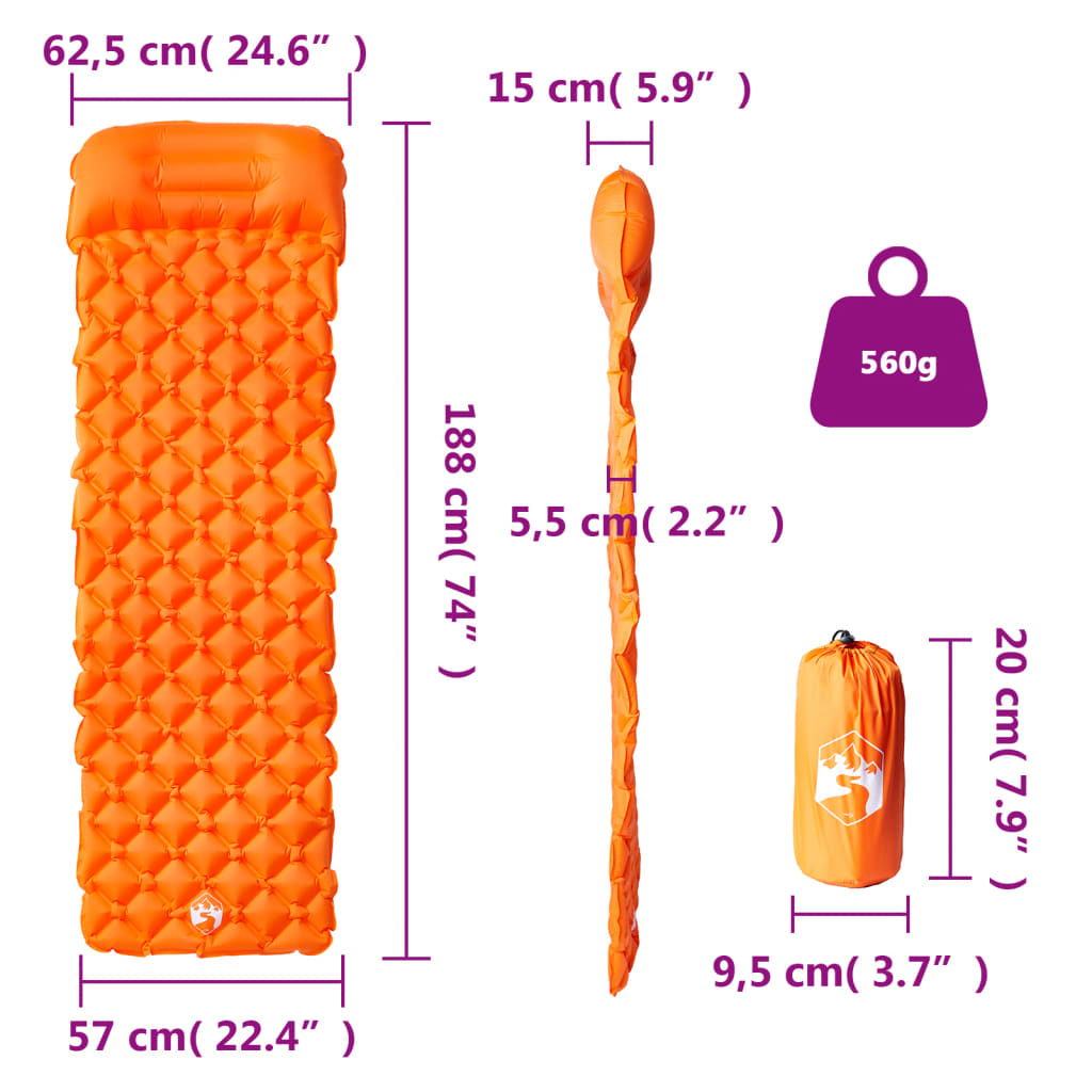 Matelas de camping gonflable avec oreiller 1 personne orange Matelas de sol vidaXL