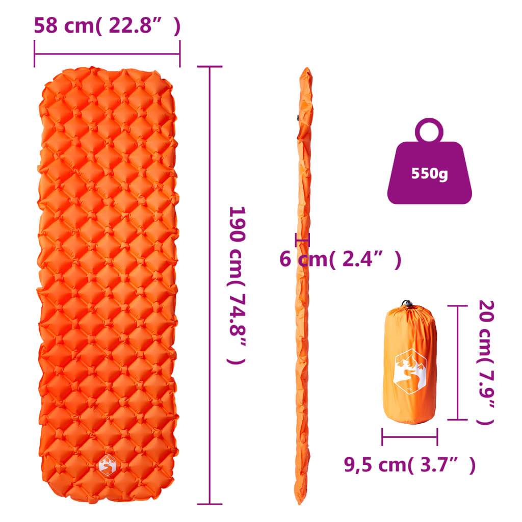 Matelas de camping gonflable 1 personne orange 190x58x6 cm Matelas de sol vidaXL