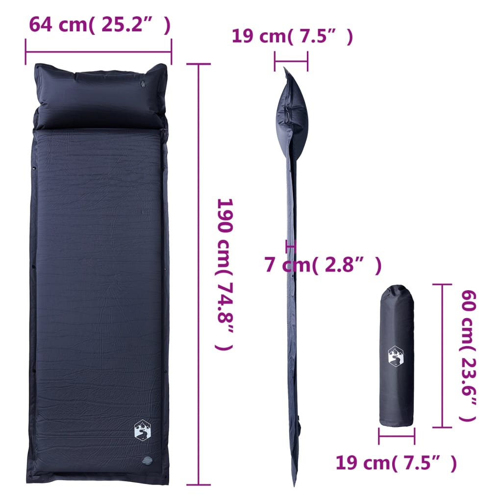Matelas de camping autogonflant avec oreiller 1 personne gris Matelas de sol vidaXL