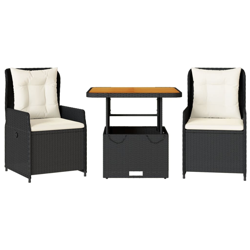 Ensemble de bistro 3 pcs avec coussins noir résine tressée