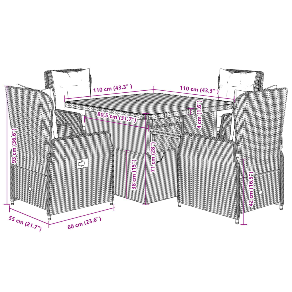 Ensemble à manger de jardin coussins 5pcs Noir Résine tressée