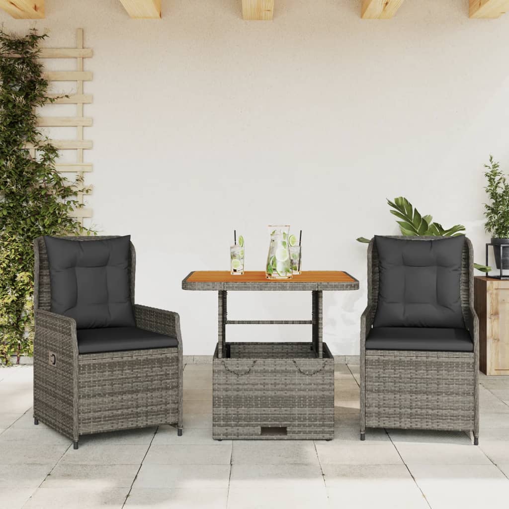 Ensemble de bistro 3 pcs avec coussins gris résine tressée