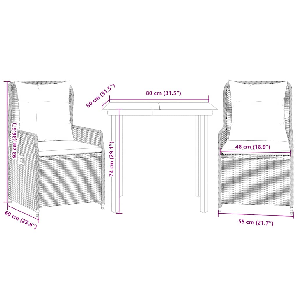 Ensemble à manger de jardin avec coussins 3 pcs Noir