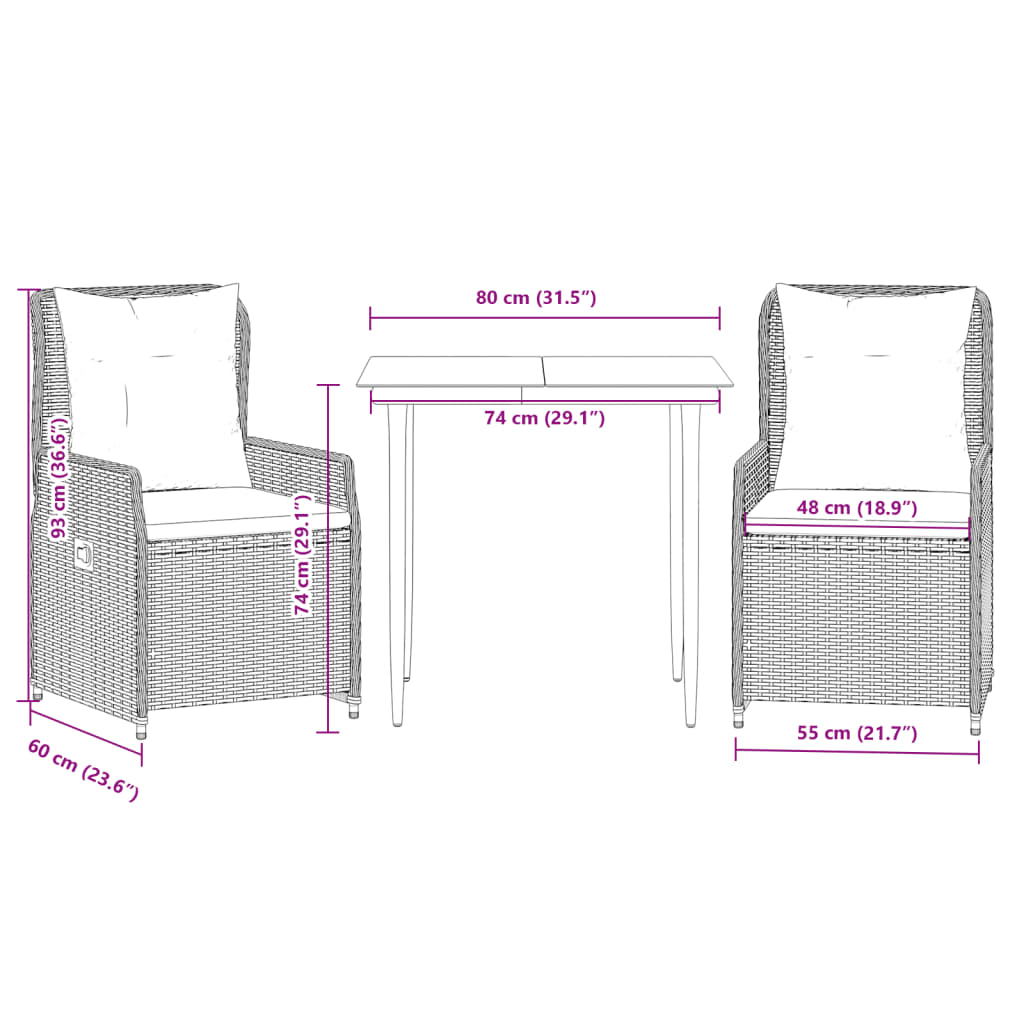 Ensemble à manger de jardin 3 pcs et coussins marron poly rotin