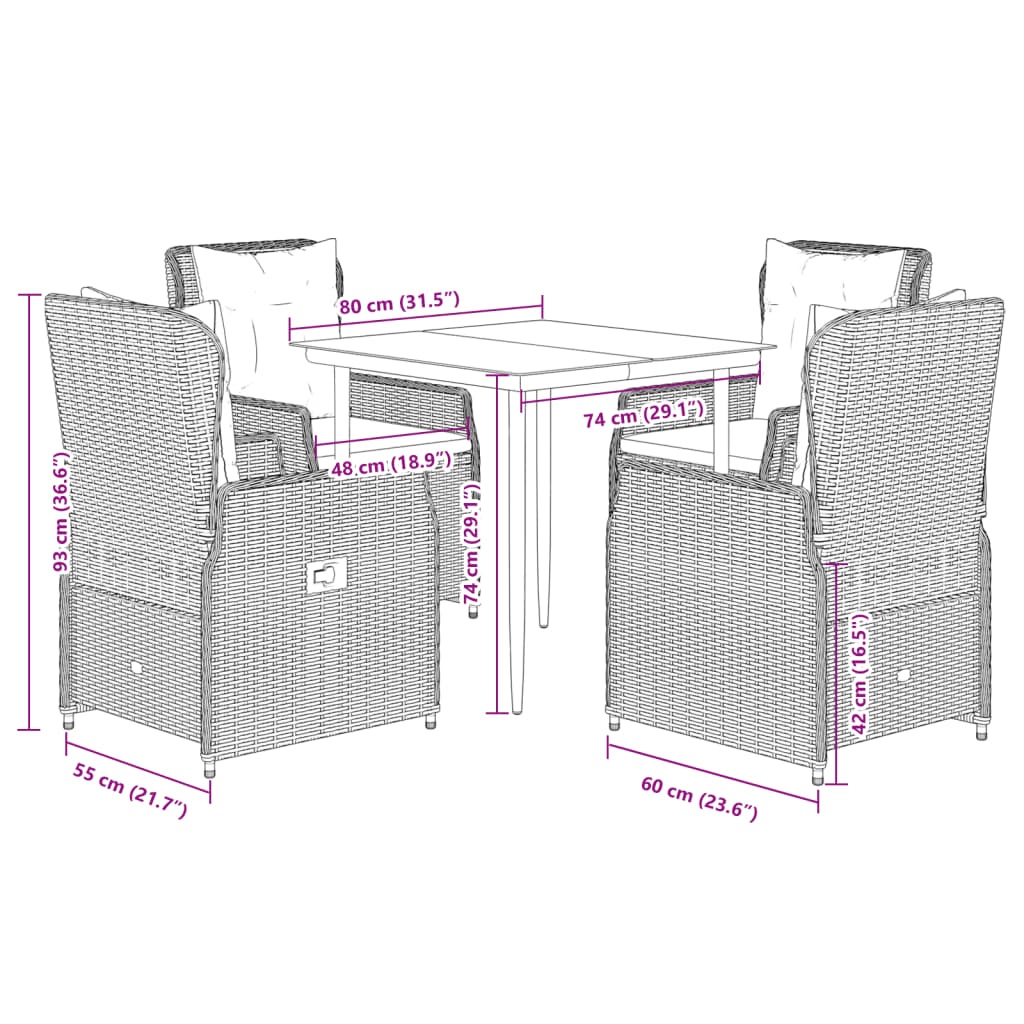 Ensemble à manger de jardin 5 pcs et coussins marron poly rotin