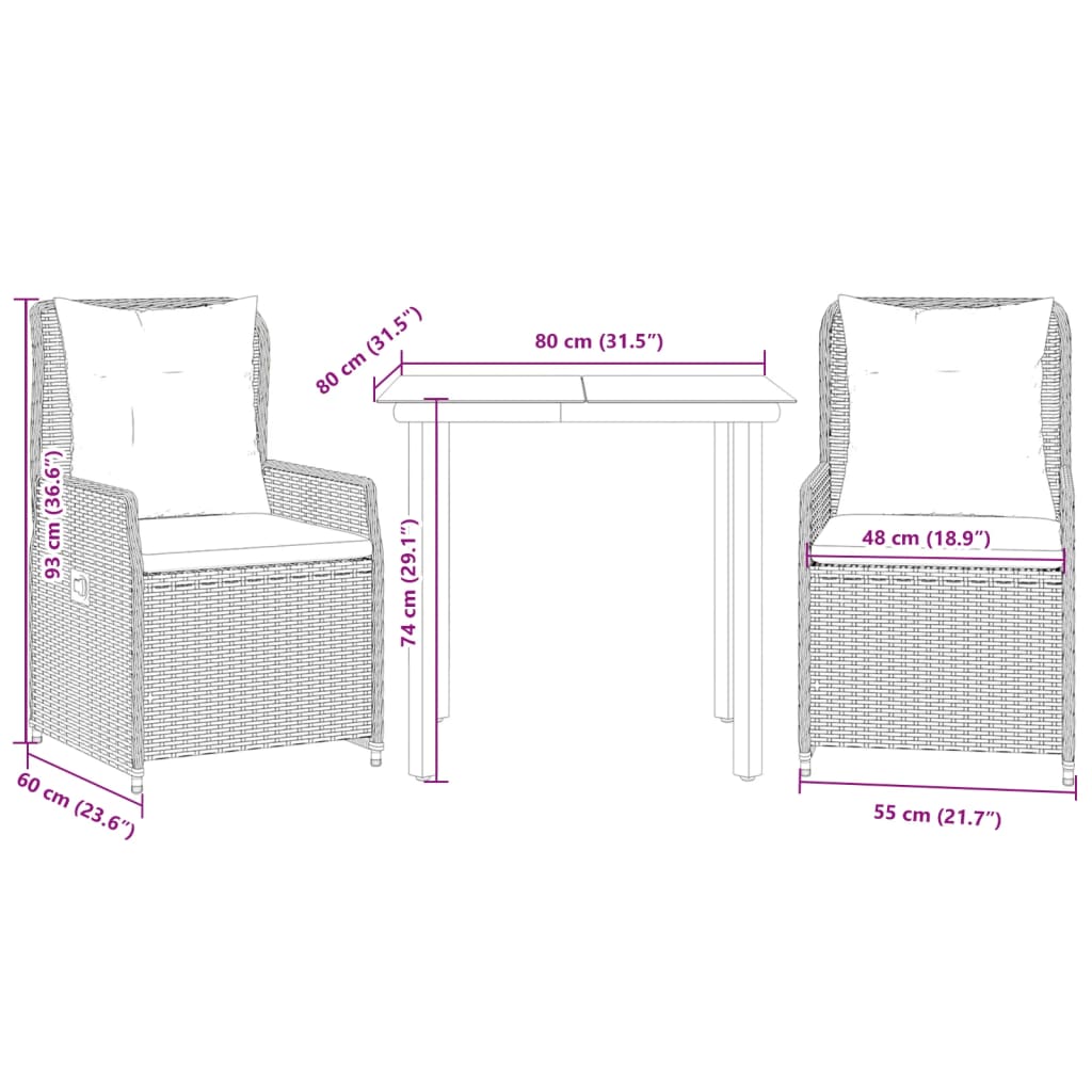 Ensemble à manger de jardin 3 pcs coussins gris résine tressée