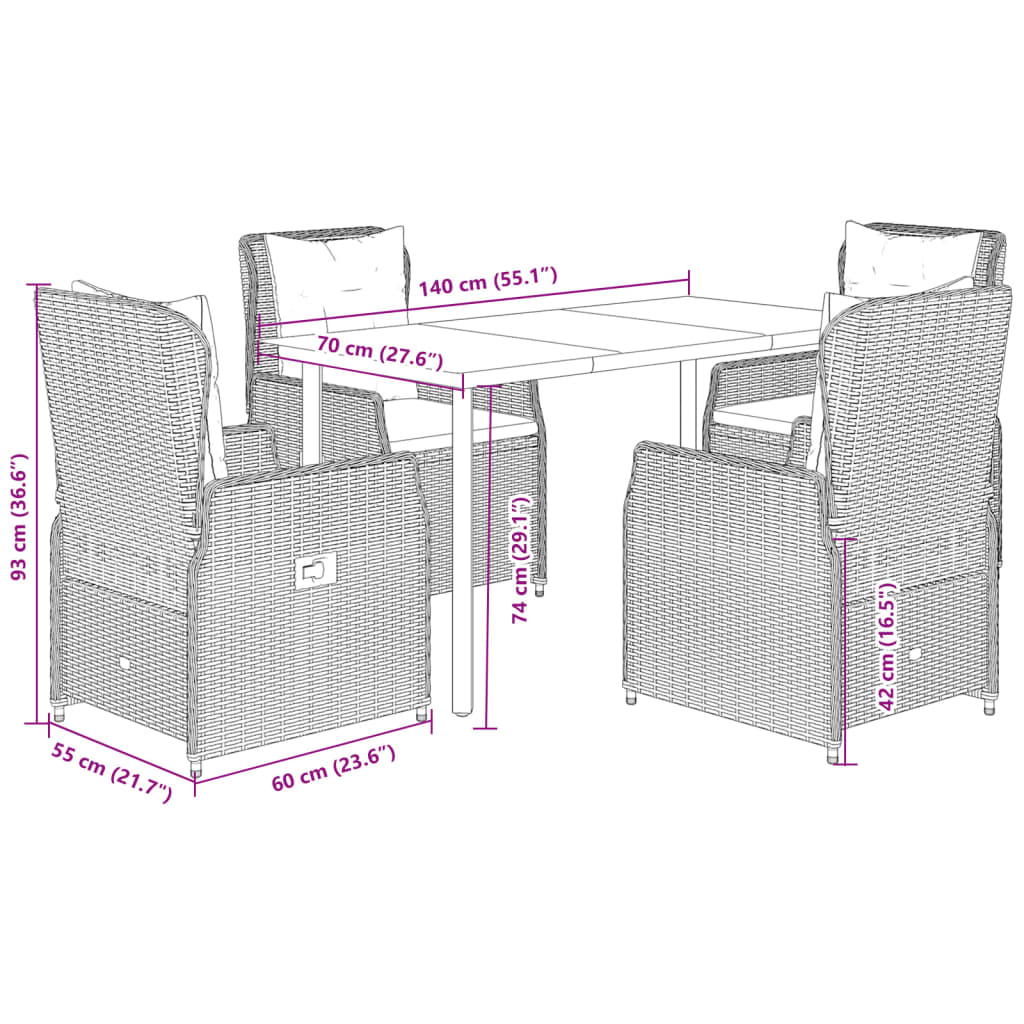 Ensemble à manger de jardin 5 pcs coussins gris résine tressée