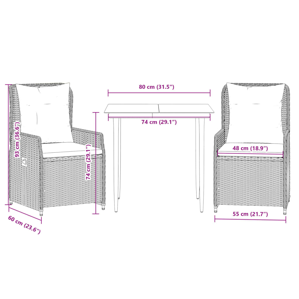 Ensemble à manger de jardin et coussins 3 pcs Beige poly rotin