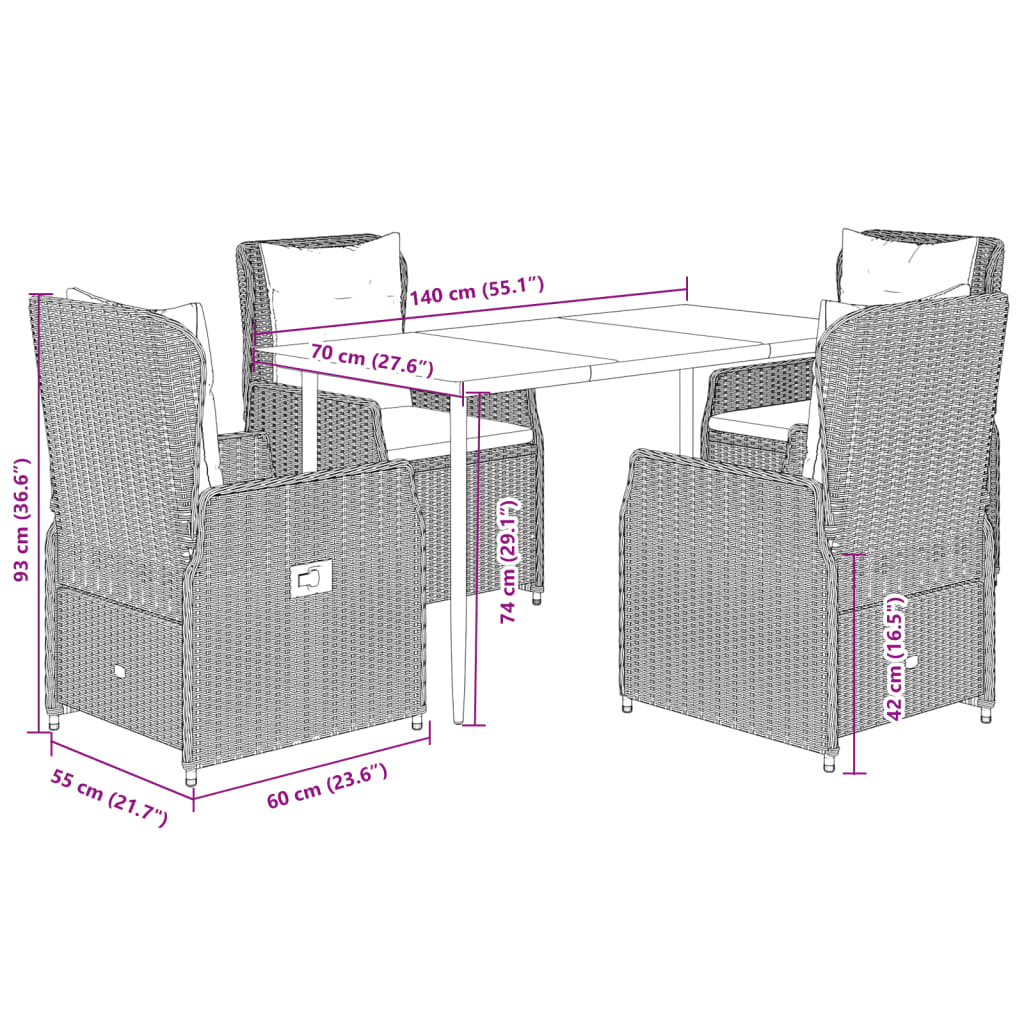 Ensemble à manger de jardin avec coussins 5pcs Beige poly rotin