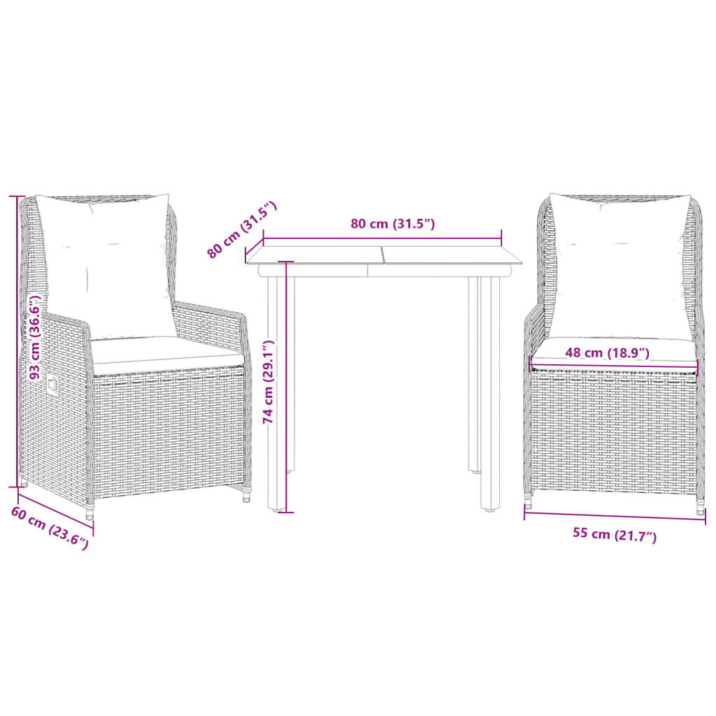 Ensemble à manger de jardin et coussins 3 pcs Beige poly rotin