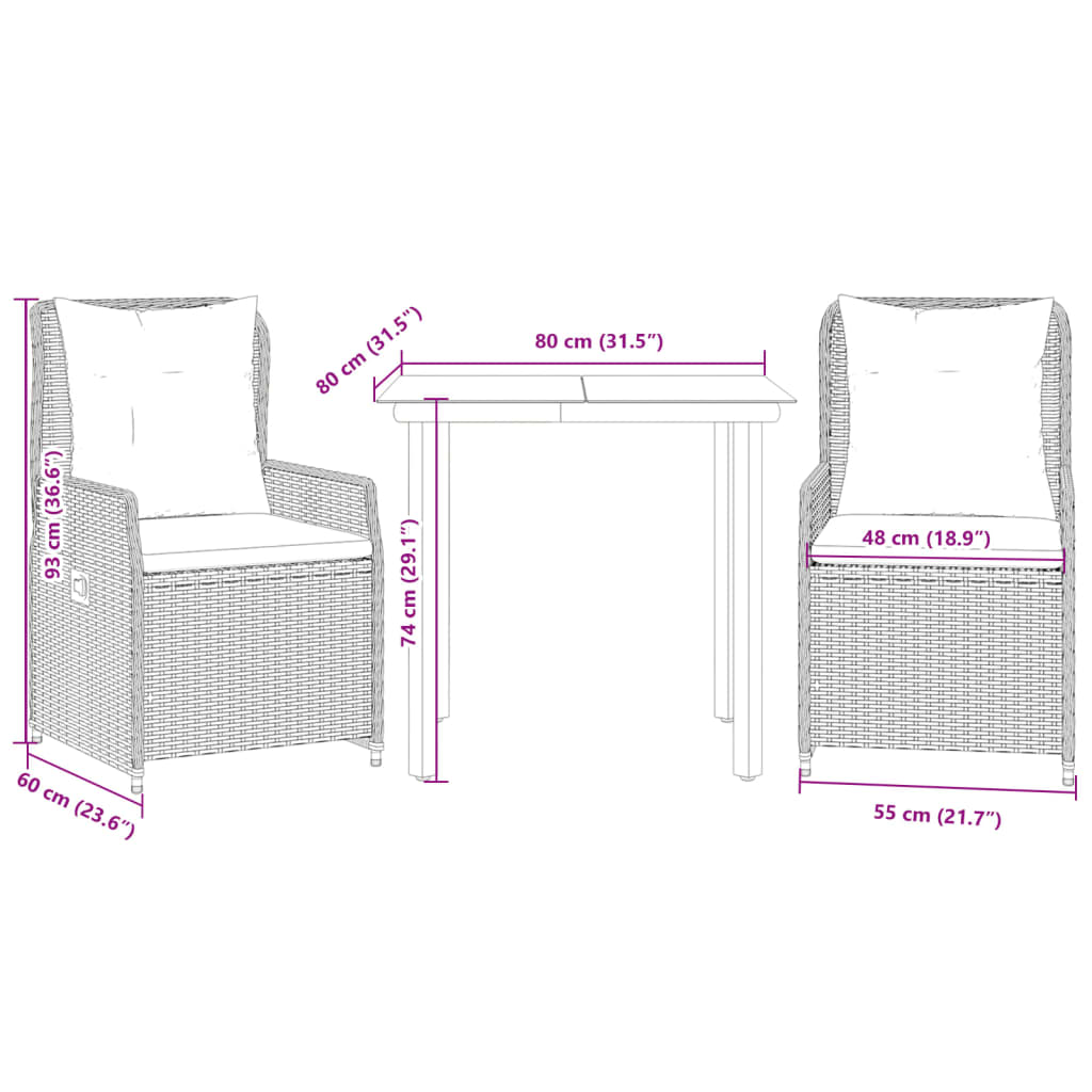 Ensemble à manger de jardin 3pcs coussins gris clair poly rotin