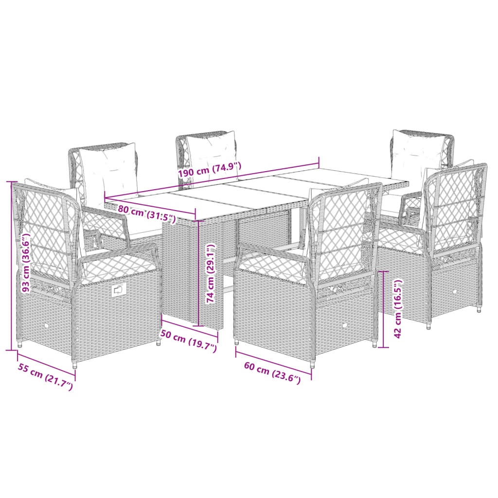 Ensemble à manger de jardin et coussins 7 pcs gris rotin