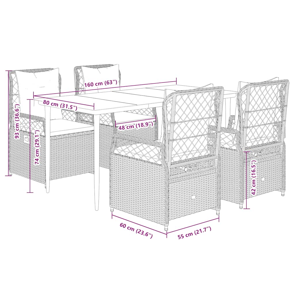 Ensemble à manger de jardin coussins 5pcs Noir Résine tressée