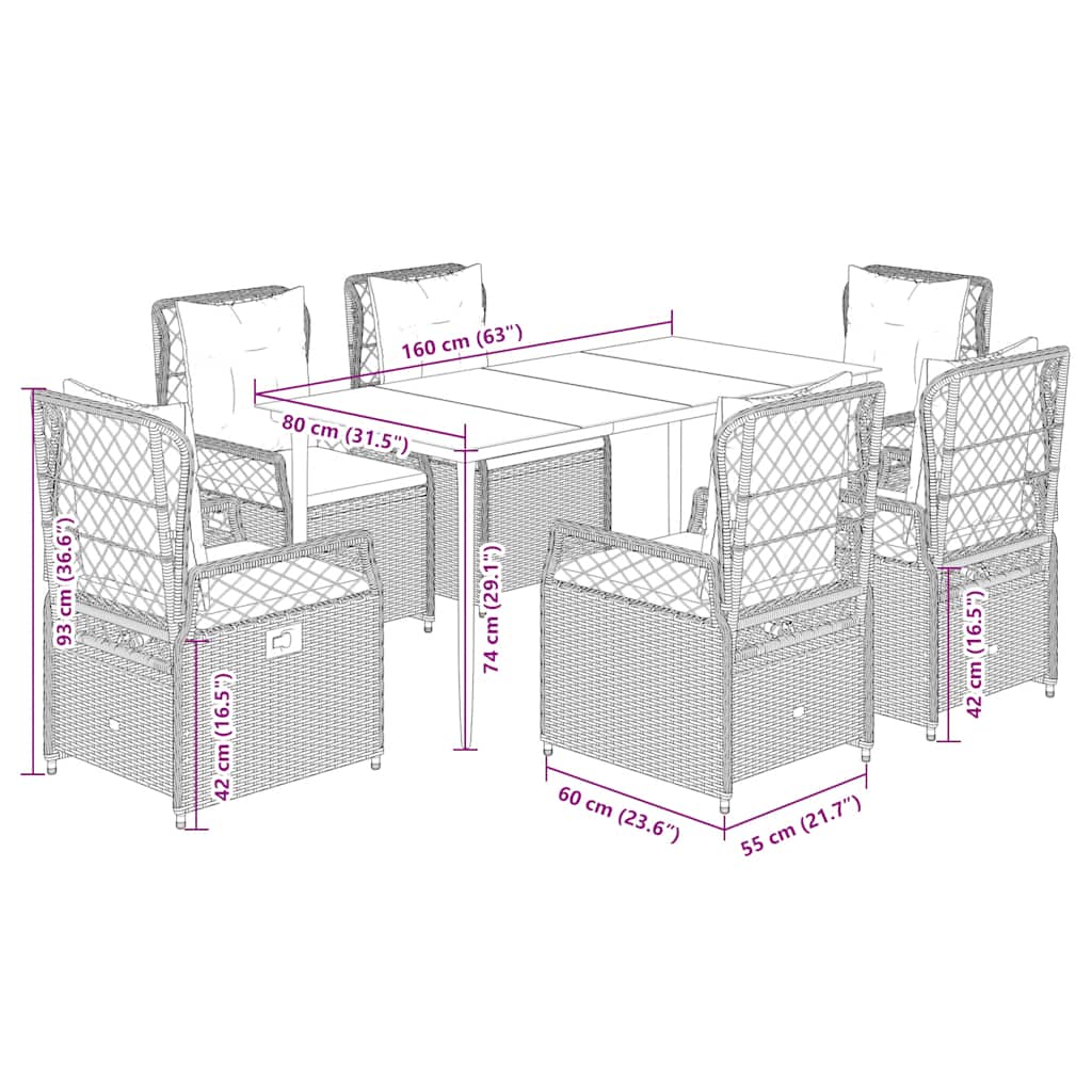 Ensemble à manger de jardin coussins 7pcs Noir Résine tressée