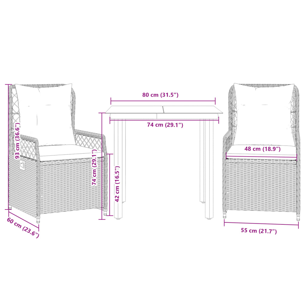 Ensemble à manger de jardin avec coussins 3 pcs Noir